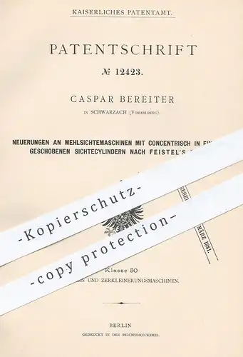 original Patent - Caspar Bereiter , Schwarzach / Vorarlberg , 1879 , Mehlsichtemaschine | Mühle | Mühlen | Feistel !!!