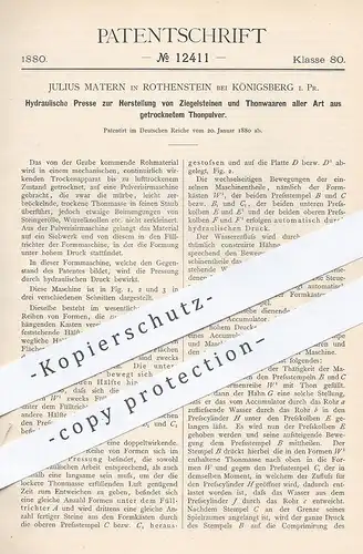 original Patent - Julius Matern , Rothenstein / Königsberg / Preussen 1880 , Hydraulik - Presse für Ziegel , Ton , Stein