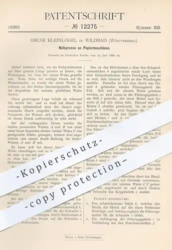 original Patent - Oscar Kleinlogel , Wildbad / Württemberg 1880 , Nasspresse an Papiermaschine | Papier , Presse , Pappe