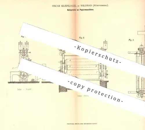 original Patent - Oscar Kleinlogel , Wildbad / Württemberg 1880 , Nasspresse an Papiermaschine | Papier , Presse , Pappe
