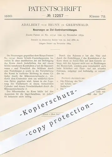 original Patent - Adalbert von Brunn , Greifswald , Mecklenburg 1879 , Ziel-Kontrolle | Gewehr , Jagd , Militär , Waffen