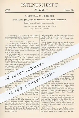 original Patent - G. Kühnemann , Dresden , 1878 , Fabrikation von Gerste - Extraktzucker | Zucker , Analysator !