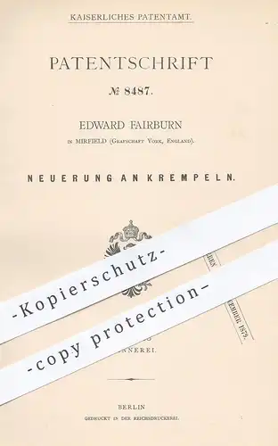 original Patent - Edward Fairburn , Mirfield , York , England , 1879 , Krempel | Spinnrad , Spinnmaschine , Weben !!!
