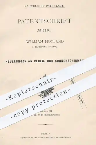 original Patent - William Hoyland , Penistone , England , 1878 , Regenschirm , Sonnenschirm | Schirm , Schirmgestell !!