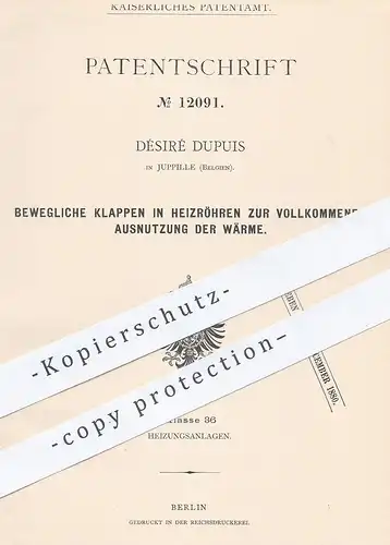 original Patent - Désiré Dupius , Juppille , Belgien , 1880 , Bewegliche Klappen in Heizröhren | Heizung , Ofen , Öfen