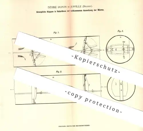 original Patent - Désiré Dupius , Juppille , Belgien , 1880 , Bewegliche Klappen in Heizröhren | Heizung , Ofen , Öfen