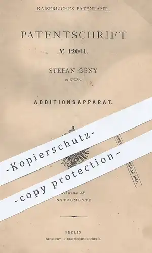 original Patent - Stefan Gény , Nizza , 1880 , Additionsapparat | Addition , Rechner , Taschenrechner , Kasse , Schule !