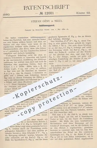 original Patent - Stefan Gény , Nizza , 1880 , Additionsapparat | Addition , Rechner , Taschenrechner , Kasse , Schule !