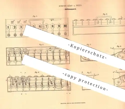 original Patent - Stefan Gény , Nizza , 1880 , Additionsapparat | Addition , Rechner , Taschenrechner , Kasse , Schule !