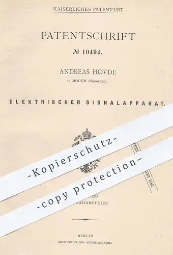 original Patent - Andreas Hovde , Modum , Norwegen , 1879 , Elektrisches Eisenbahn - Signal | Glocke , Lokomotive , Zug