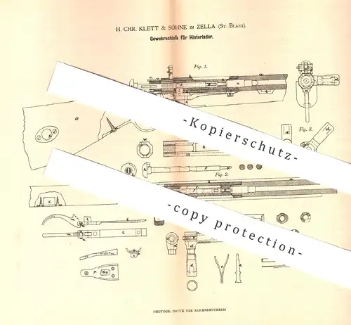 original Patent - H. Chr. Klett & Söhne , Zella / Mehlis , St. Blash , Gewehrschloss für Hinterlader - Gewehr | Waffen !