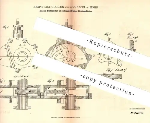 original Patent - Joseph Page Goulson , Adolf Spiel , Berlin , 1885 , Absperr - Drehschieber | Dampfmaschine !!!