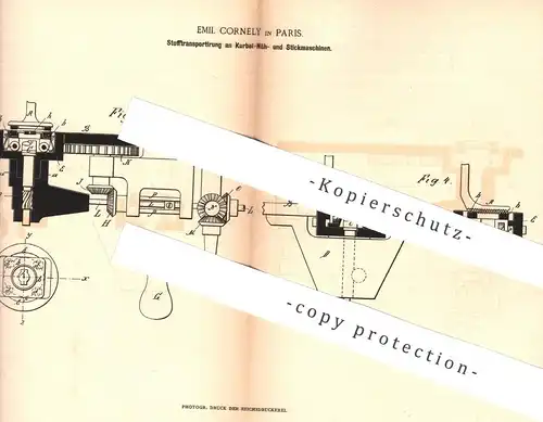 original Patent - Emil Cornely , Paris , 1885 , Stofftransportierung an Nähmaschine u. Strickmaschinen | Schneider !!