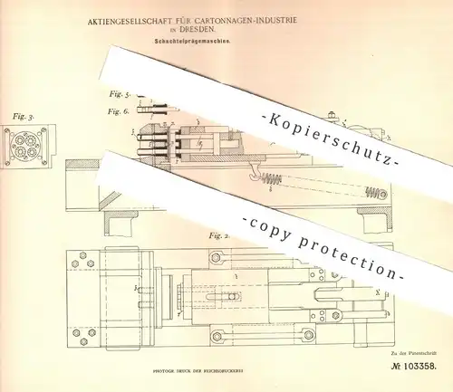 original Patent - AG für Kartonagen Industrie , Dresden , 1898 , Schachtel - Prägemaschine | Karton , Pappe , Werbung !