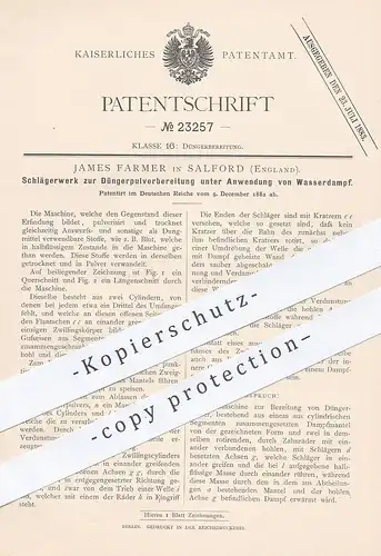 original Patent - James Farmer , Salford , England , 1882 , Schlägerwerk zur Düngerverbreitung per Wasserdampf | Dünger