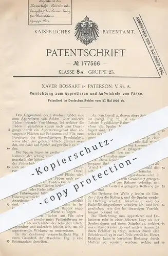 original Patent - Xaver Bossart , Paterson , USA , 1905 , Appretieren und Aufwickeln von Fäden | Faden , Garn , Filz !!