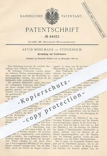 original Patent - Arvid Böhlmark , Stockholm , Schweden , 1887 , Freibrenner | Brenner , Metall !!