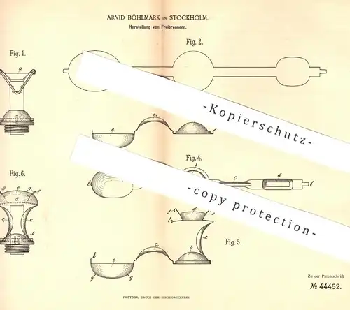 original Patent - Arvid Böhlmark , Stockholm , Schweden , 1887 , Freibrenner | Brenner , Metall !!
