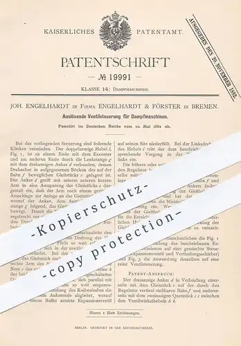 original Patent - Engelhardt & Förster , Bremen , 1882 , Auslösende Ventilsteuerung für Dampfmaschinen | Dampfmaschine