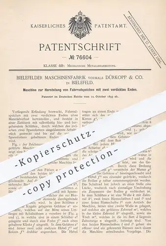 original Patent - Maschinenfabrik Bielefeld , vorm. Dürkopp & Co. 1893 , Herst. von Fahrradspeichen | Fahrrad - Speichen