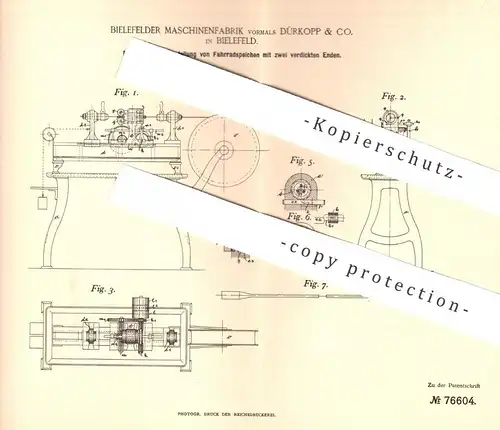 original Patent - Maschinenfabrik Bielefeld , vorm. Dürkopp & Co. 1893 , Herst. von Fahrradspeichen | Fahrrad - Speichen