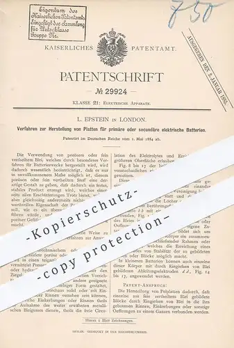 original Patent - L. Epstein , London , 1884 , Platten für primäre o. sekundäre elektrische Batterien | Batterie !!!