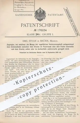 original Patent - Emil Efran , Brünn / Mähren | Zugregler | Rauch , Schornstein , Feuerung , Ofen , Heizung !!!