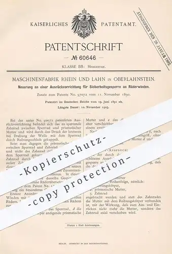 original Patent - Maschinenfabrik Rhein & Lahn , Oberlahnstein , 1891 , Gesperre an Räderwinde | Winde , Hebezeug !!!