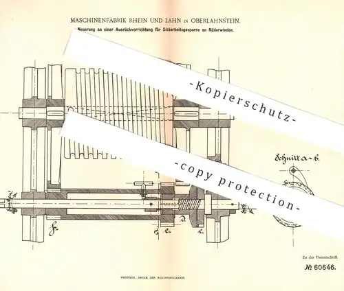 original Patent - Maschinenfabrik Rhein & Lahn , Oberlahnstein , 1891 , Gesperre an Räderwinde | Winde , Hebezeug !!!