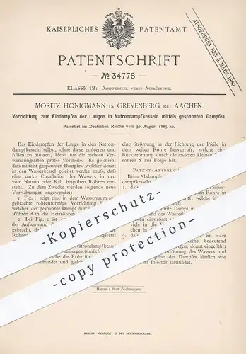 original Patent - Moritz Honigmann , Grevenberg / Aachen , 1885 , Eindampfen der Laugen im Natron - Dampfkessel | Kessel