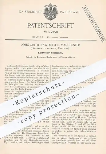 original Patent - John Smith Raworth , Manchester , Lancaster , England , 1885 , Elektrischer Messapparat | Strom