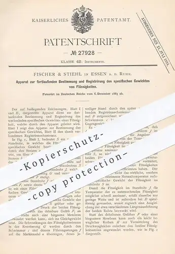 original Patent - Fischer & Stiehl , Essen / Ruhr , 1883 , spezifisches Gewicht von Flüssigkeiten | Waage , Schwimmer !!