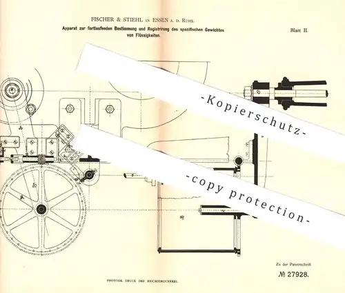 original Patent - Fischer & Stiehl , Essen / Ruhr , 1883 , spezifisches Gewicht von Flüssigkeiten | Waage , Schwimmer !!