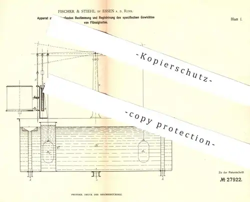 original Patent - Fischer & Stiehl , Essen / Ruhr , 1883 , spezifisches Gewicht von Flüssigkeiten | Waage !!!