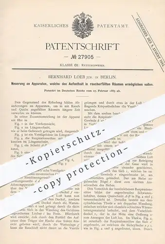original Patent - Bernhard Loeb , Berlin , 1883 , Schutz in mit Rauch u. Qualm gefüllten Räumen | Atemmaske , Gasmaske