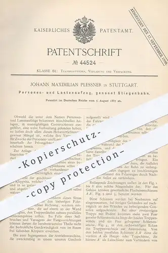 original Patent - Johann Maximilian Plessner , Stuttgart , 1887 , Personenaufzug , Lastenaufzug , Stiegenbahn | Aufzug