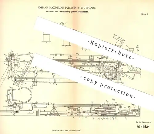 original Patent - Johann Maximilian Plessner , Stuttgart , 1887 , Personenaufzug , Lastenaufzug , Stiegenbahn | Aufzug