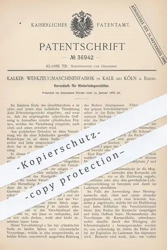 original Patent - Kalker Werkzeugmaschinenfabrik , Köln / Kalk , 1886 , Verschluss für Hinterladegeschütz | Gewehr !!
