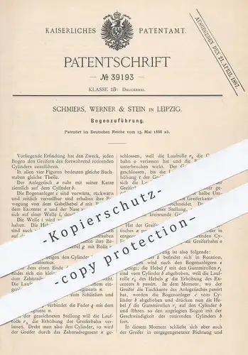 original Patent - Schmiers , Werner & Stein , Leipzig , 1886 , Papier - Bogenzuführung | Buchdruck , Druck , Drucker !!