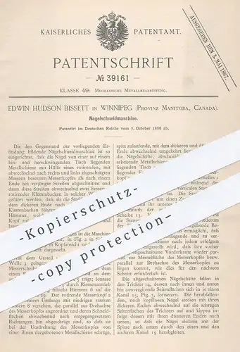 original Patent - Edwin Hudson Bissett , Winnipeg , Manitoba , Kanada , 1886 , Nagel - Schneidmaschine | Nägel , Metall