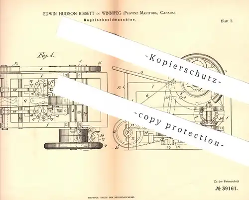 original Patent - Edwin Hudson Bissett , Winnipeg , Manitoba , Kanada , 1886 , Nagel - Schneidmaschine | Nägel , Metall