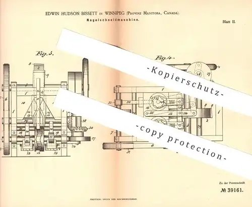 original Patent - Edwin Hudson Bissett , Winnipeg , Manitoba , Kanada , 1886 , Nagel - Schneidmaschine | Nägel , Metall