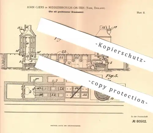 original Patent - John Gjers , Middlesbrough on tees , York , England , 1894 , Ofen mit geschlossener Brennkammer | Öfen