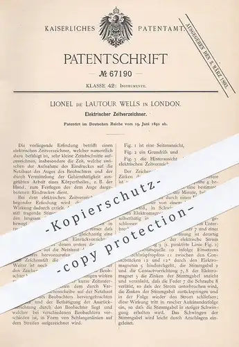 original Patent - Lionel de Lautour Wells , London , 1892 , Elektrischer Zeitverzeichner | Strom , Elektromagnet , Zeit
