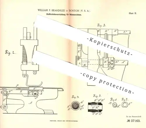 original Patent - William F. Beardslee , Boston , USA , 1885 , Stoffschiebevorrichtung für Nähmaschinen | Nähmaschine !