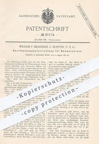 original Patent - William F. Beardslee , Boston , USA , 1885 , Oberfadenspannvorrichtung für Nähmaschinen | Nähmaschine