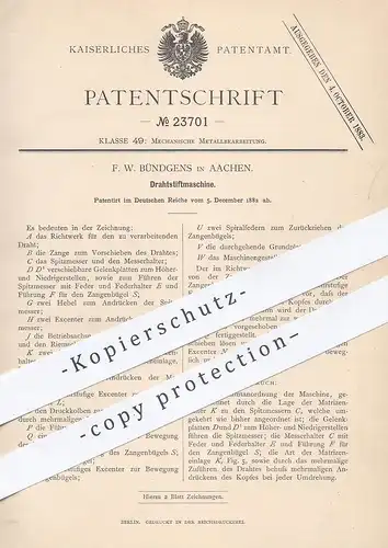 original Patent - F. W. Bündgens , Aachen , 1882 , Drahtstiftmaschine | Draht , Metallstift | Exzenter | Schlosser !!