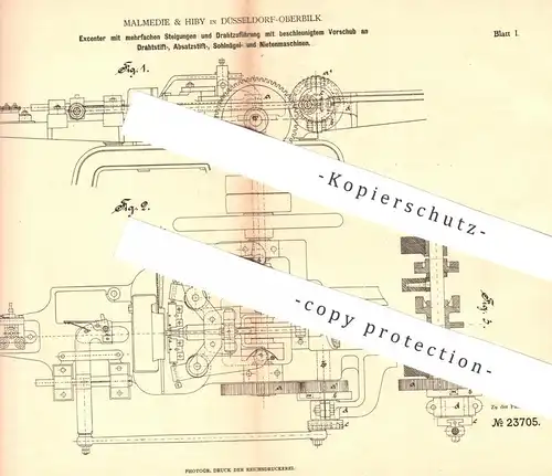 original Patent - Malmedie & Hiby , Düsseldorf / Oberbilk  1882 , Exzenter für Drahtstift-, Sohlnägel- u. Nietenmaschine