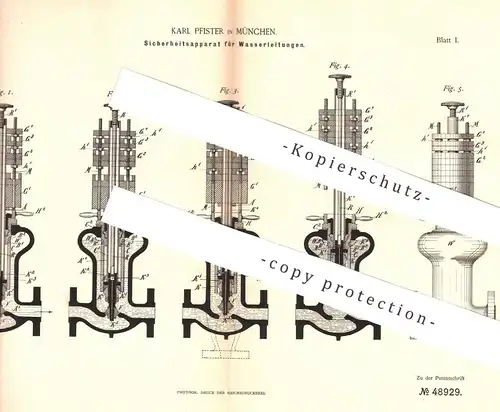 original Patent - Karl Pfister , München , 1889 , Wasserleitungen mit Ventil | Klempner , Rohr , Ventile , Wasserhahn !