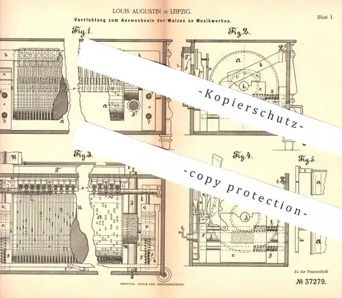 original Patent - Louis Augustin , Leipzig  1886 , Auswechseln der Walzen am Musikwerk | Musik , Musikinstrument , Walze